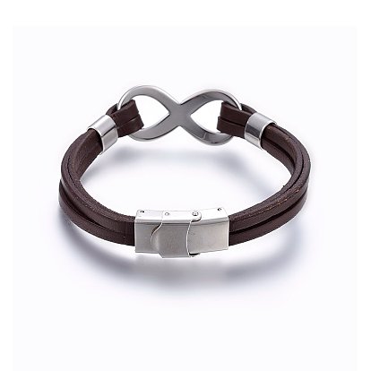  Bracelets de cordon en cuir, avec 201 fermoir inoxydable en acier , infini