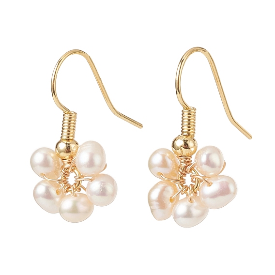 Boucles d'oreilles pendantes fleur de perle d'eau douce de culture naturelle, boucle d'oreille en fil de cuivre pour femme