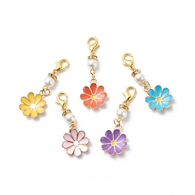 Flower Alloy Enamel Pendant Decoration, Lobster Clasp Charms, Clip-on Charms, with Glass Imitation Pearl Round Bead