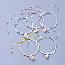 Регулируемые стеклянные браслеты из бисера, шарм браслеты, с подвесками из каури и плетеными нейлоновыми нитками