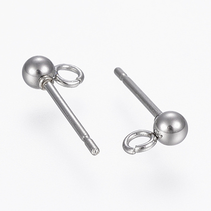 304 Stainless Steel Ball Stud Earring Post, Earring Findings, with Loop, Round