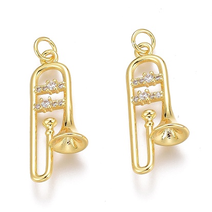 Brass Micro Pave Clear Cubic Zirconia Pendants, Long-Lasting Plated, With Jump Rings, Musical Instrument