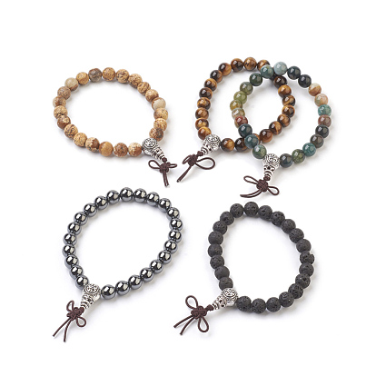 Bracelets extensibles en pierres précieuses rondes, avec des ensembles de perles d'alliage gourou, Emballage en toile de jute, argent antique