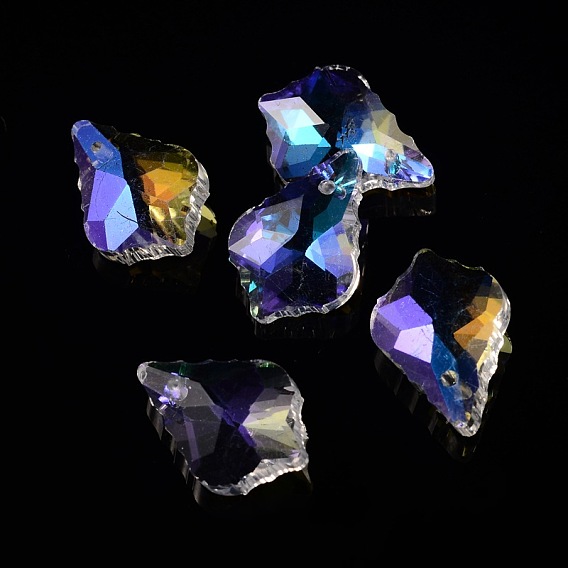 AB Color Plated Electroplate Glass Pendants, Faceted, Leaf