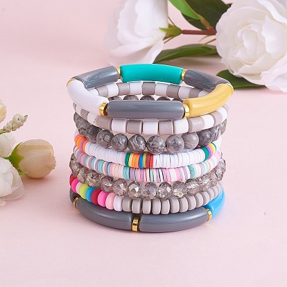 Ensemble de bracelets extensibles en jaspe impérial synthétique et perles de verre de style pcs 8, bracelets heishi surfeur en pâte polymère, bracelets épais en tube incurvé en acrylique pour femmes