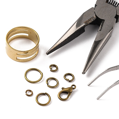 DIY Jewelry Making Finding Kit, Including Brass Jump Rings & Open Jump Rings, Zinc Alloy Lobster Claw Clasps, Tweezers, Pliers