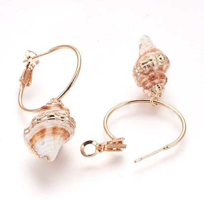 Brass Hoop Earrings, Dangle Earrings, with Shell