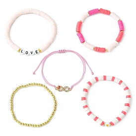 Ensemble de bracelets extensibles en perles de style heishi et mot d'amour en argile polymère, bracelets réglables à maillons infinis en laiton