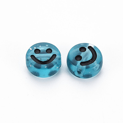Transparent Acrylic Beads, with Glitter Powder, Flat Round with Black Enamel Smile Face