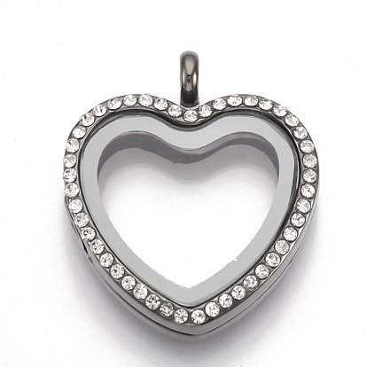 Alliage pendentifs médaillon magnétiques, avec strass et de verre, cœur, cristal