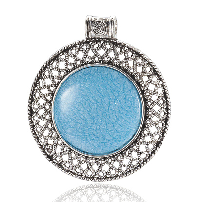 Alloy Big Pendants, with Resin, Flat Round, Antique Silver, 70~71x62x9~12mm, Hole: 6~6.5mm