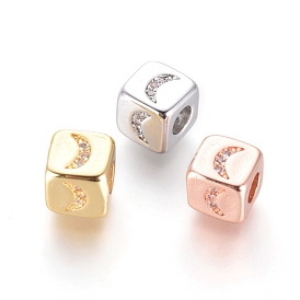 Brass Beads, with Micro Pave Cubic Zirconia, Cube with Moon