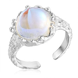 925 Sterling Silver Open Cuff Ring, Moonstone Half Round Finger Ring for Women