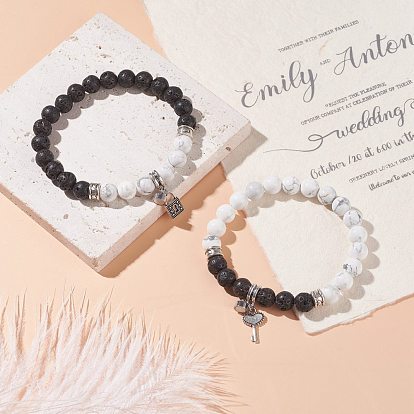 Key & Lock Alloy Charms Bracelets Set for Couples, Natural Lava Rock & Howlite Beaded Stretch Bracelets, with Magnetic Clasp