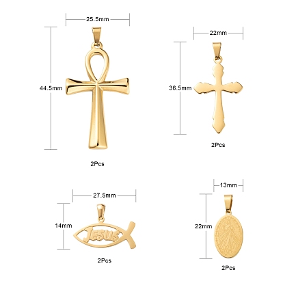 8Pcs 4 Style Ion Plating(IP) 304 Stainless Steel Charms, Jesus Fish & Flat Oval & Ankh Cross & Cross, for Easter, Golden