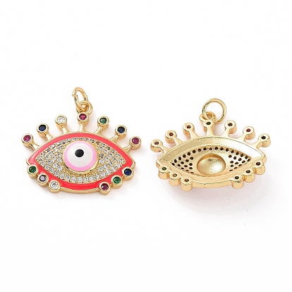 Brass Micro Pave Colorful Cubic Zirconia Pendants, with Enamel and Jump Ring, Real 18K Gold Plated, Eye Charms
