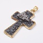 Natural Druzy Agate Big Pendants, with Crystal and Brass Findings, Cross