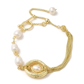 Natural Oval Pearl Link Bracelets, with Brass Chains