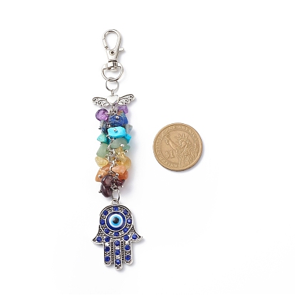 Gemstone Chips Cluster Pendant Decoration, Hamsa Hand with Evil Eye Lobster Clasp Charms, Clip-on Charms, for Keychain, Purse, Backpack Ornament