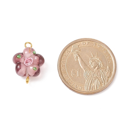Handmade Lampwork Connector Charms, with Golden Tone Brass Double Loops, Flower