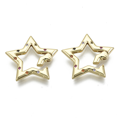 Brass Micro Pave Cubic Zirconia Spring Gate Rings, Star, Nickel Free, Colorful