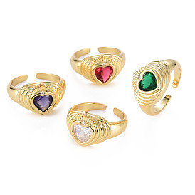 Brass Micro Pave Cubic Zirconia Cuff Rings, Open Rings, Nickel Free, Heart, Real 16K Gold Plated