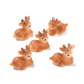 Christmas Opaque Resin Pendants, with Platinum Tone Iron Loops, Reindeer Charm