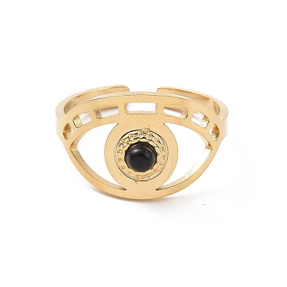304 Stainless Steel Evil Eye Hollow Out Open Finger Ring, Black Stone Wide Band Cuff Ring for Women