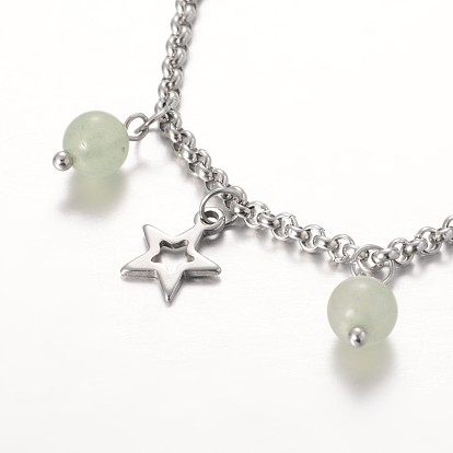 Moon & Star Stainless Steel Gemstone Charm Bracelets, with Lobster Claw Clasps