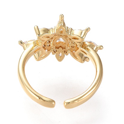 Latón micro pavé claro anillos de brazalete de circonio cúbico, anillos abiertos, larga duración plateado, flor