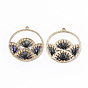 Polyester Thread Woven Pendants, with Glass Seed Beads and Light Gold Plated Alloy Findings, Flat Round with Fan