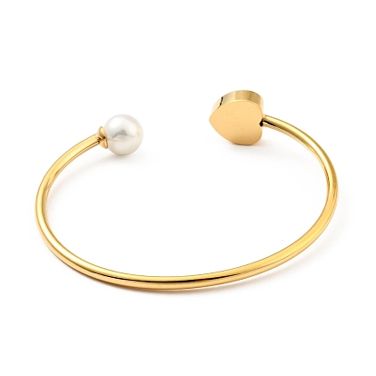 Shell Pearl & Heart with Evil Eye Open Cuff Bangle, 304 Stainless Steel Jewelry for Woman