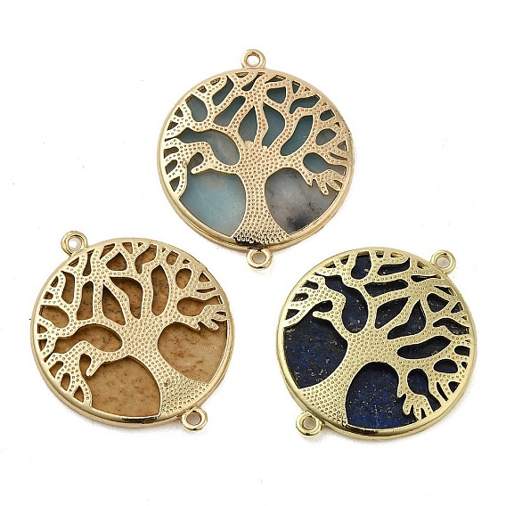 Charms de conector redondo plano de piedras preciosas naturales, Enlaces del árbol de la vida con accesorios de latón chapado en oro.