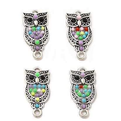 Alloy Jet Rhinestone Connector Charms, Owl Links, with Synthetic Turquoise Beads, Antique Silver, Nickel