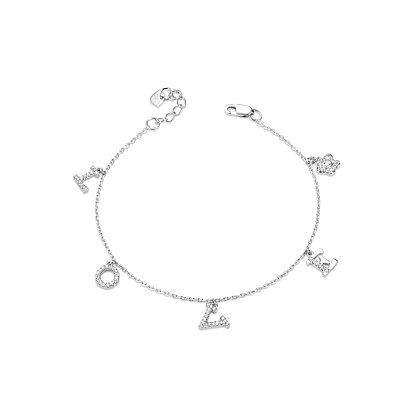 TINYSAND Valentine's Day Gift 925 Sterling Silver Cubic Zirconia LOVE Charm Bracelet, 189.2mm