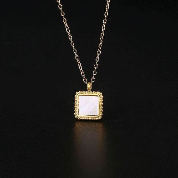 Natural Shell Square Pendant Necklace with Stainless Steel Chains