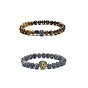 2 pcs 2 bracelets extensibles en perles rondes de style agate patinée naturelle (teintée) et oeil de tigre sertis de lion en alliage, bijoux en pierres précieuses pour femmes