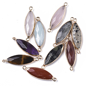 Natural Gemstone Links Connectors, with Light Gold Plated Edge Iron Loops, Rice, Faceted