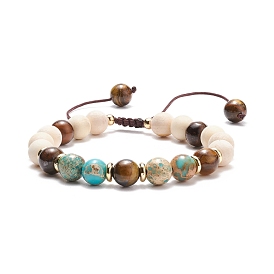 Natural Wood  & Imperial Jasper(Dyed) & Tiger Eye Braided Beaded Bracelet, Gemstone Yoga Jewelry for Women