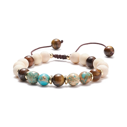 Bracelet en perles tressées en bois naturel, jaspe impérial (teint) et oeil de tigre, bijoux de yoga en pierres précieuses pour femmes