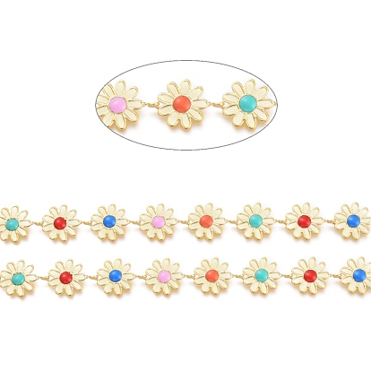 Brass Enamel Flower Link Chains, with Spool, Long-Lasting Plated, Unwelded, Colorful