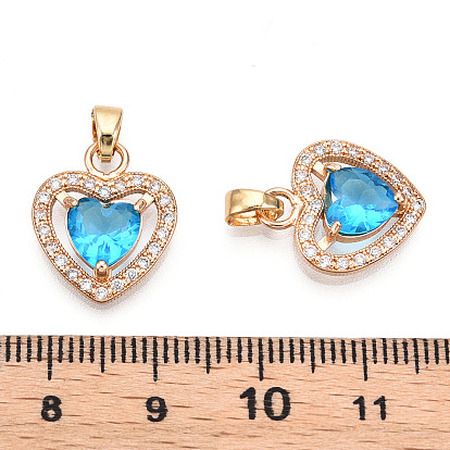 Faceted Glass Charms, with Brass Micro Clear Cubic Zirconia Findings, Heart