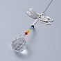 Crystals Chandelier Suncatchers Prisms Chakra Hanging Pendant, with Iron Cable Chains, Glass Beads, Glass Rhinestone and Brass Pendants, Dragonfly with Round