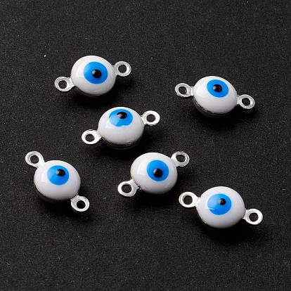 Brass Enamel Connector Charms, Flat Round with Evil Eye