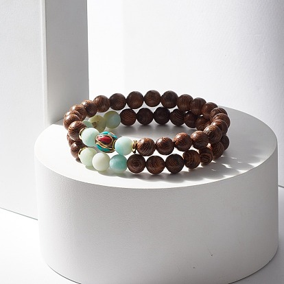 Наборы браслетов из бисера из дерева, Штабелируемые браслеты из бисера амазонита с натуральным матовым цветком для женщин, с Индонезией бисера