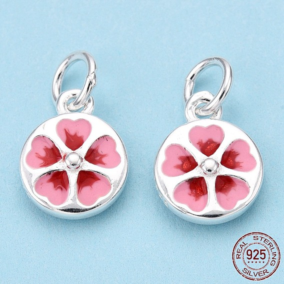 925 Sterling Silver Enamel Charms, with Jump Ring, Falt Round with Flower