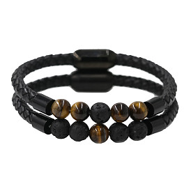 Tiger Eye Stone Couple Bracelet with Lava Rock Beads and Magnetic Clasp