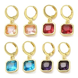 Real 18K Gold Plated Brass Dangle Leverback Earrings, with Square Glass