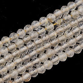 Natural Rutilated Quartz Beads Strands, Faceted Round