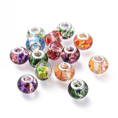 Peint à la bombe perles européennes en verre, avec noyaux en laiton plaqué couleur argent, Perles avec un grand trou   , rondelle, 15x12mm, Trou: 5mm